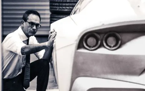 Mężczyzna w okularach i białej koszuli dopracowuje kształt prototypu, który przypomina, jak wygląda Ferrari.