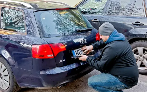 Mężczyzna montuje tablicę rejestracyjną na samochodzie Audi A4. Nowa rrs rejestracja gotowa do drogi.