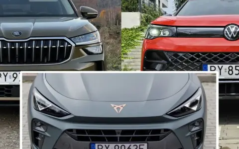 Trzy auta z grupy VAG: Skoda, Volkswagen i Cupra. Każde z nich prezentuje swój unikalny styl i detale.
