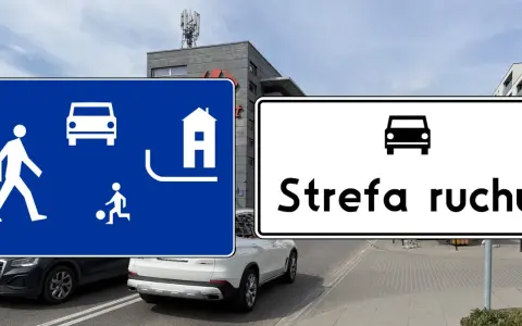 Dwa znaki drogowe: niebieski z piktogramami pieszych, dzieci bawiących się piłką i samochodu, oraz biały z napisem "Strefa ruchu" i ikoną samochodu.