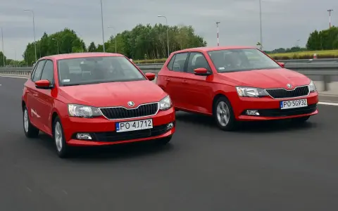 Dwie czerwone Škody Fabia na drodze. Sprawdź aktualne skoda fabia - ceny używanych.