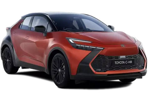 Pomarańczowy Toyota C-HR Hybrid, ciekawy design, niskie spalanie.