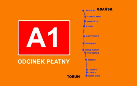 Mapa płatnego odcinka autostrady A1 Toruń - Gdańsk z zaznaczonymi miejscowościami.