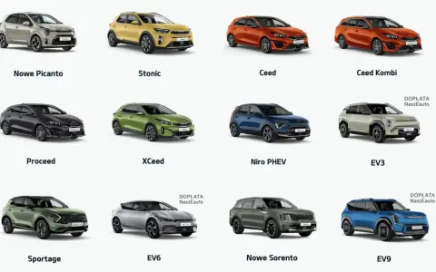 Różne rodzaje pojazdów Kia: miejskie Picanto, SUV-y Stonic, Ceed, XCeed, Sportage, Sorento oraz elektryczne EV3, EV6, EV9.