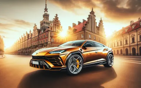 Złoty Lamborghini Urus na tle zabytkowej ulicy. Zastanawiasz się, ile kosztuje Lamborghini Urus? Ten luksusowy SUV zachwyca designem i mocą.