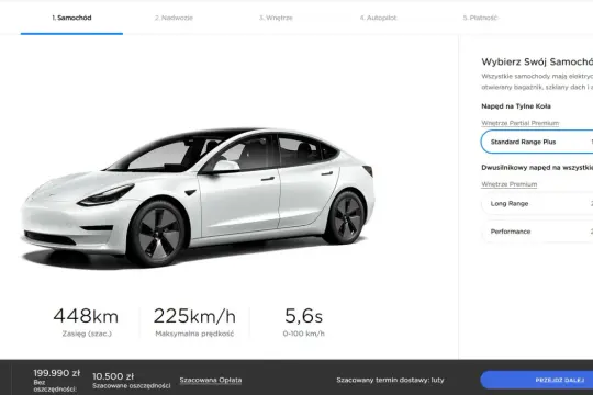 Biała Tesla Model 3, z opcją wyboru wersji: Standard Range Plus za 199.990 zł, Long Range za 239.990 zł i Performance za 264.990 zł. Dowiedz się, ile kosztuje Tesla.