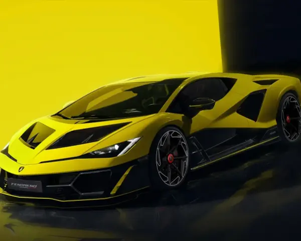 Żółte Lamborghini z czarnymi akcentami na tle żółtej ściany i ciemnego tła.
