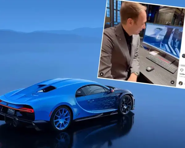 Niebieski Bugatti Chiron, jeden z tych, które ma w Polsce, na tle gór. Obok mężczyzna przy komputerze.