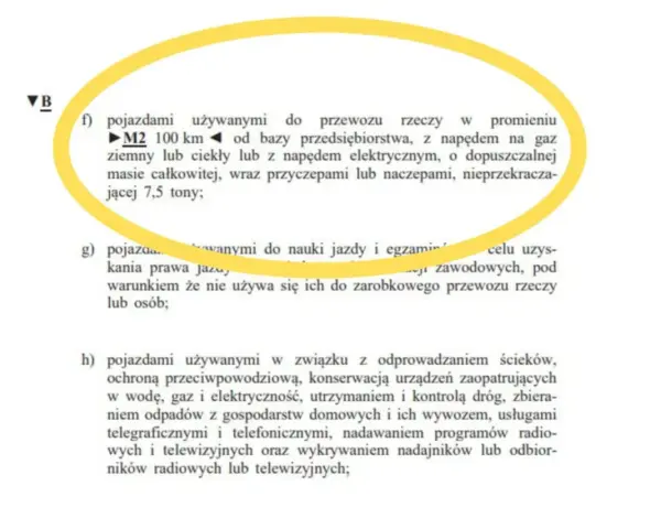 Fragment tekstu z żółtym obramowaniem, opisujący pojazdy do przewozu rzeczy o masie do 7,5 tony.