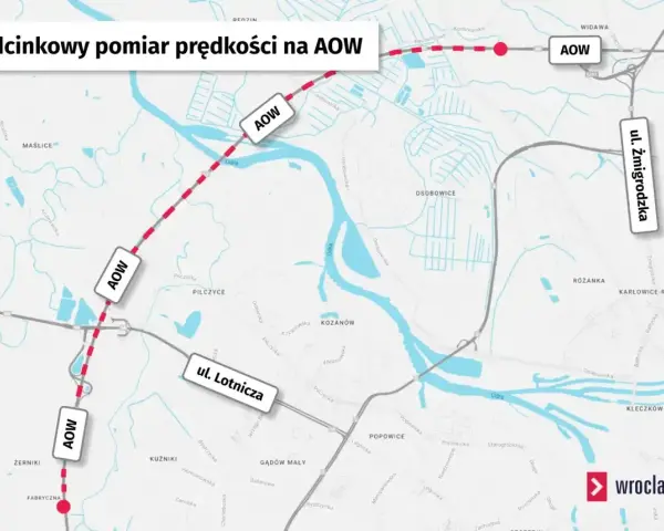 Mapa odcinkowy pomiar prędkości na AOW we Wrocławiu, zaznaczone odcinki i lokalizacje kamer.