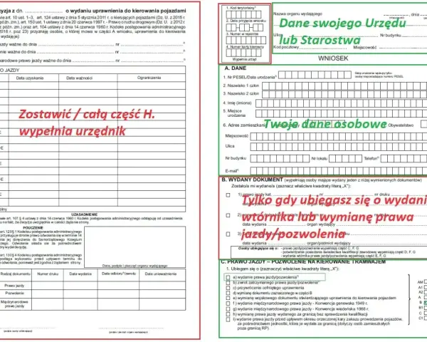 Wniosek o wydanie prawa jazdy, wtórnika lub wymianę dokumentu. Wypełnij dane osobowe i zaznacz właściwe kwadraty.