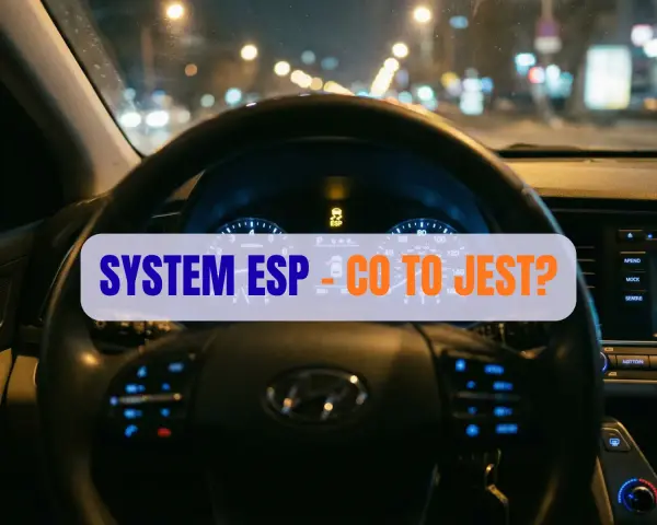 Wnętrze samochodu nocą, widok na kierownicę i deskę rozdzielczą. Na ekranie świeci się kontrolka "SYSTEM ESP - CO TO JEST?".
