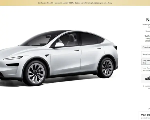 Biała Tesla Model Y Long Range z napędem na tylne koła kosztuje 219 990 zł. Sprawdź, ile kosztuje Tesla Model Y w innych konfiguracjach.