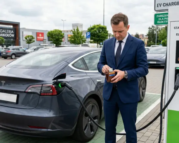 Biznesmen sprawdza portfel przy ładowarce, gdy jego elektryczny samochód pobiera prąd. Na ekranie stacji ładowania widać 38 kW.