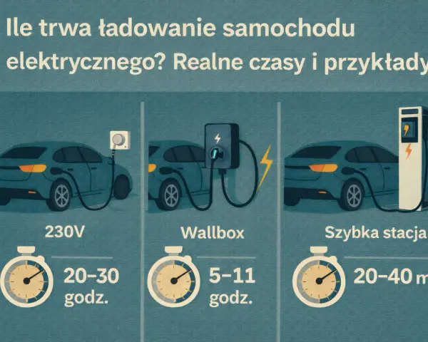 Ile trwa szybkie ładowanie samochodu elektrycznego? Od 20-30 godzin (230V) do 5-11 godzin (Wallbox) i zaledwie 20-40 minut na szybkiej stacji.