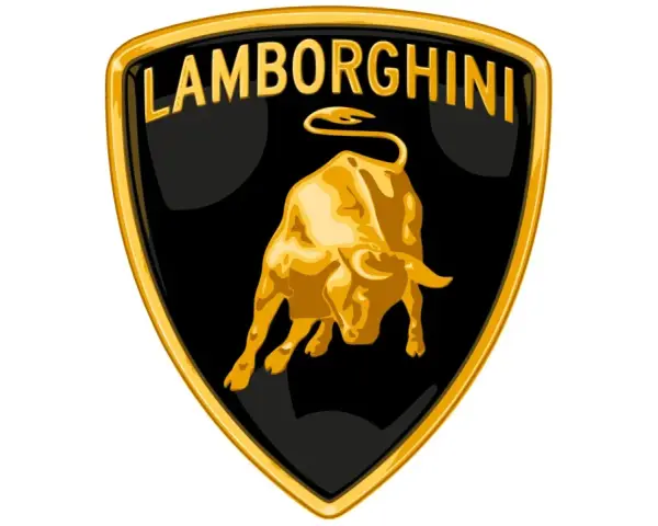 Złoty byk na czarnym tle, nazwa "Lamborghini" u góry. Taki znaczek ma lamborghini.