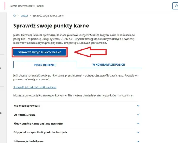Strona gov.pl pozwala sprawdzić punkty karne w systemie CEPiK 2.0. Kliknij przycisk "Sprawdź swoje punkty karne", aby dowiedzieć się więcej.