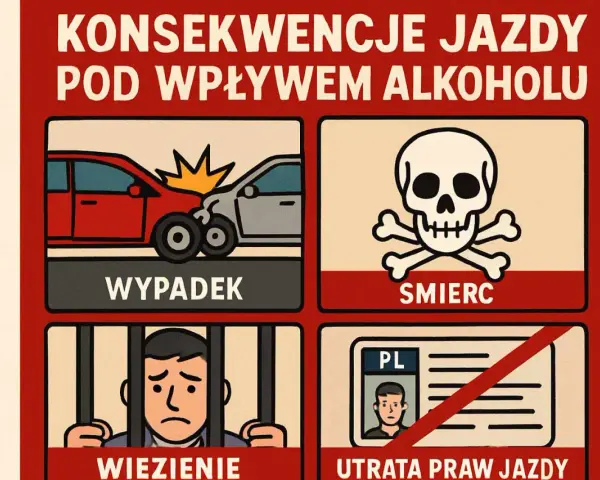 Konsekwencje jazdy pod wpływem alkoholu: wypadek, śmierć, więzienie, utrata prawa jazdy. Nie ryzykuj!