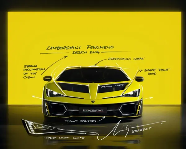 Żółty Lamborghini Fenomeno, zarysowany na tle żółtej ściany, z opisami designu. To jest prawdziwy lambordżini!