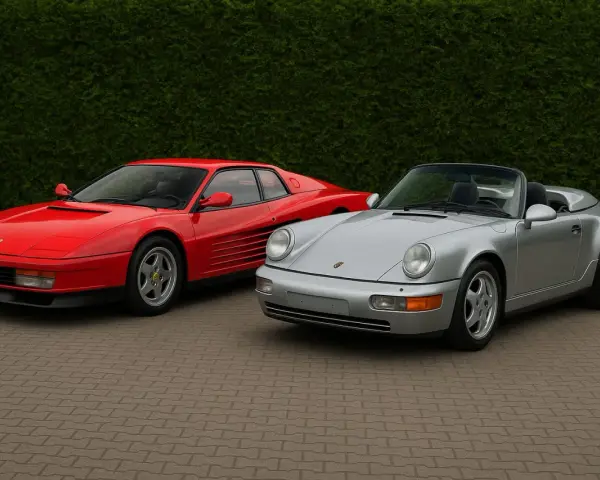 Czerwone Ferrari Testarossa i srebrny kabriolet Porsche 911 stoją obok siebie. Który wybierasz?