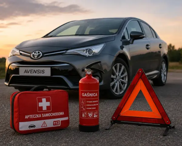Apteczka, gaśnica i trójkąt ostrzegawczy – obowiązkowe wyposażenie auta, gotowe na każdą sytuację na drodze.
