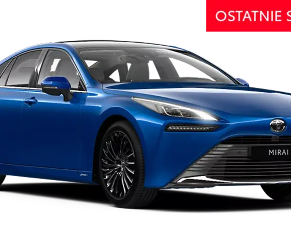 Niebieski Toyota Mirai, samochód wodorowy, pokazuje jak działa hybryda toyoty. Ostatnie sztuki!