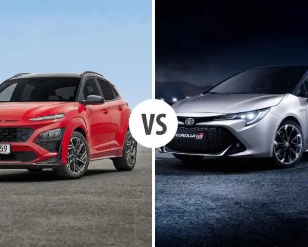 Czerwony Hyundai Kona kontra srebrna Toyota Corolla GR Sport. Która hybryda Hyundai czy Toyota lepsza?