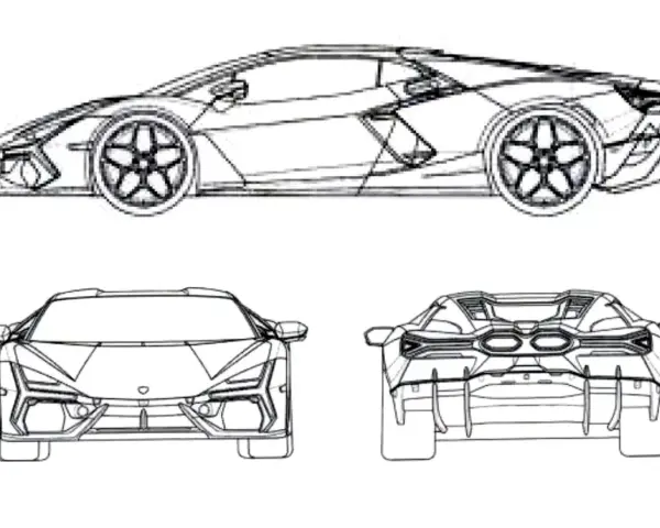 Szkic techniczny Lamborghini, pokazujący jak narysować ten sportowy samochód z różnych perspektyw: z boku, przodu i tyłu.