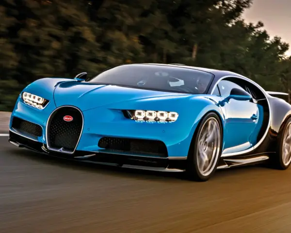 Niebieski Bugatti Chiron pędzi po drodze, budząc podziw mocą 1500 koni mechanicznych.