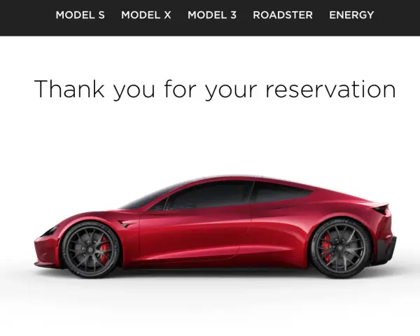 Czerwony Tesla Roadster, potwierdzenie rezerwacji. Zastanawiasz się, ile kosztuje Tesla Roadster?