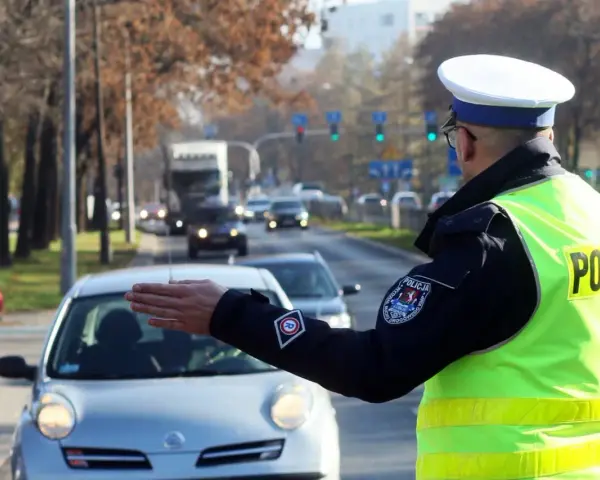 Policjant kieruje ruchem na ulicy. Kierowca zatrzymuje się, bo zgubił prawo jazdy i boi się kontroli.