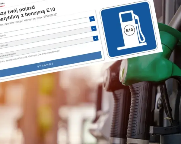 Formularz sprawdza kompatybilność pojazdu z benzyną E10. Obok widoczny znak stacji paliw z symbolem E10.