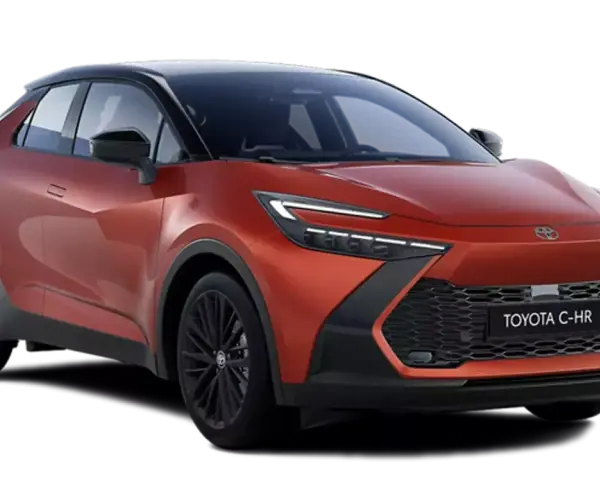 Pomarańczowy Toyota C-HR Hybrid, ciekawy design, niskie spalanie.