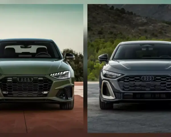 Dwa najnowsze Audi, zielone i grafitowe, prezentują swoje agresywne grille i nowoczesne reflektory.