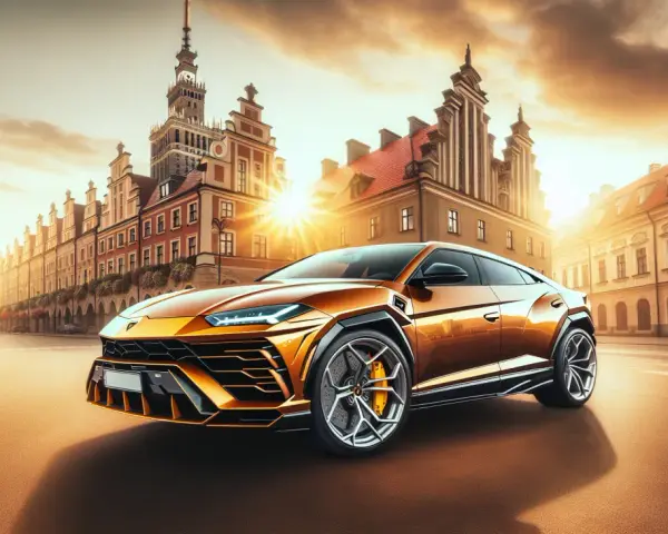 Złoty Lamborghini Urus na tle zabytkowej ulicy. Zastanawiasz się, ile kosztuje Lamborghini Urus? Ten luksusowy SUV zachwyca designem i mocą.