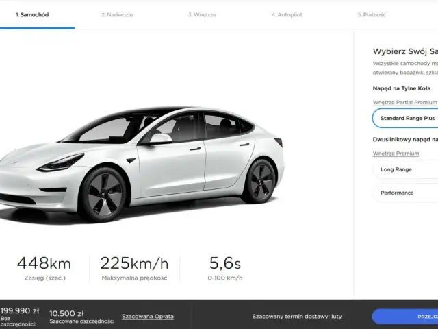 Biała Tesla Model 3, z opcją wyboru wersji: Standard Range Plus za 199.990 zł, Long Range za 239.990 zł i Performance za 264.990 zł. Dowiedz się, ile kosztuje Tesla.