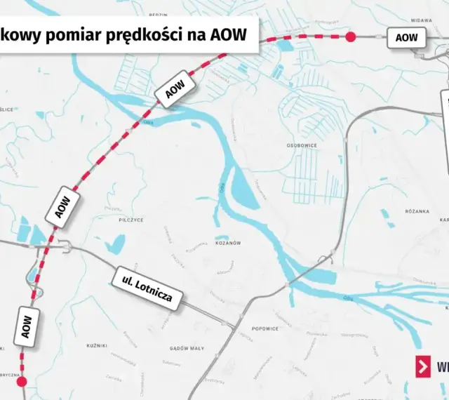 Mapa odcinkowy pomiar prędkości na AOW we Wrocławiu, zaznaczone odcinki i lokalizacje kamer.