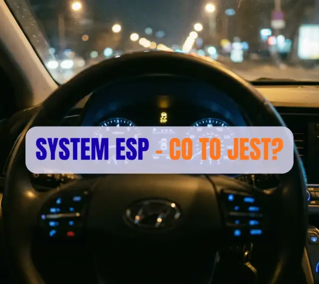 Wnętrze samochodu nocą, widok na kierownicę i deskę rozdzielczą. Na ekranie świeci się kontrolka "SYSTEM ESP - CO TO JEST?".