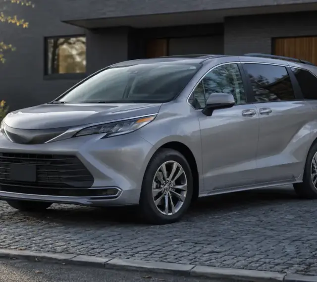 Srebrna Toyota Sienna zaparkowana na brukowanym podjeździe przed nowoczesnym domem.