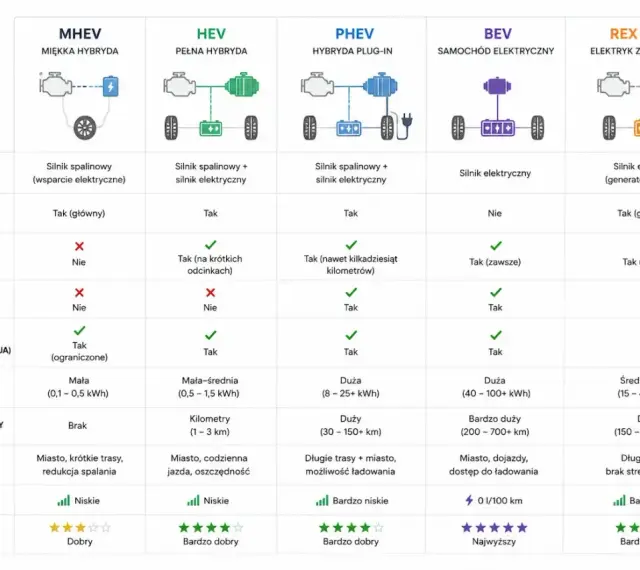 Porównanie typów napędów: MHEV, HEV, PHEV, BEV, REX/EREV. Tabela pokazuje, że hybryda plug-in (PHEV) oferuje jazdę na prądzie do kilkudziesięciu kilometrów.