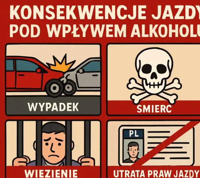 Konsekwencje jazdy pod wpływem alkoholu: wypadek, śmierć, więzienie, utrata prawa jazdy. Nie ryzykuj!