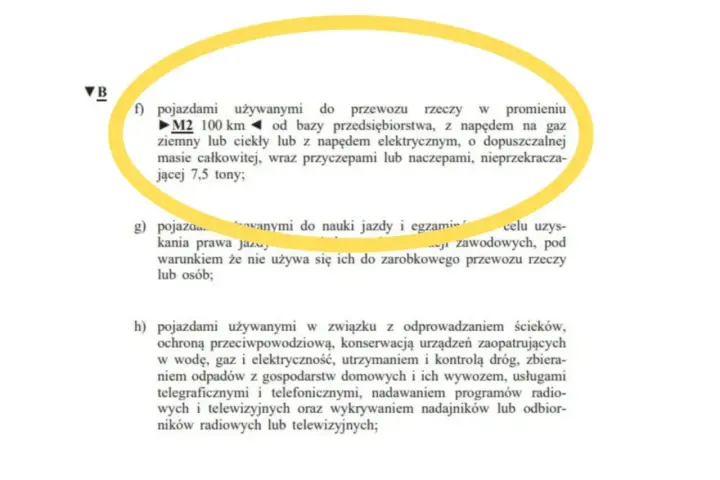 Fragment tekstu z żółtym obramowaniem, opisujący pojazdy do przewozu rzeczy o masie do 7,5 tony.