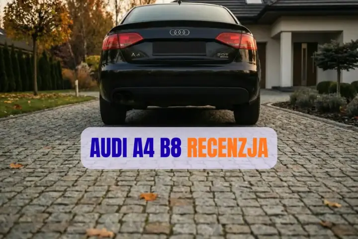 Czarny Audi A4 B8 na podjeździe przed domem. Tekst "AUDI A4 B8 RECENZJA" nałożony na obraz.