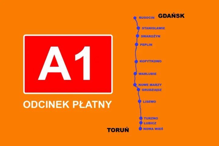 Mapa płatnego odcinka autostrady A1 Toruń - Gdańsk z zaznaczonymi miejscowościami.
