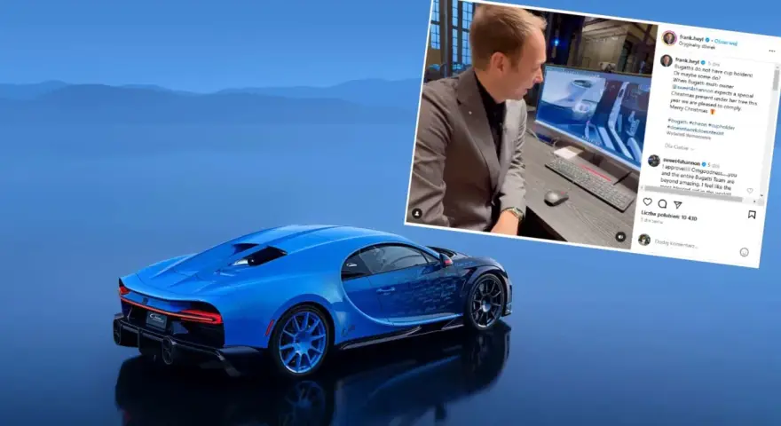 Niebieski Bugatti Chiron, jeden z tych, które ma w Polsce, na tle gór. Obok mężczyzna przy komputerze.