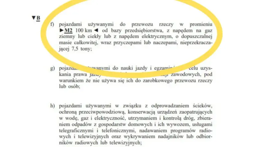 Fragment tekstu z żółtym obramowaniem, opisujący pojazdy do przewozu rzeczy o masie do 7,5 tony.