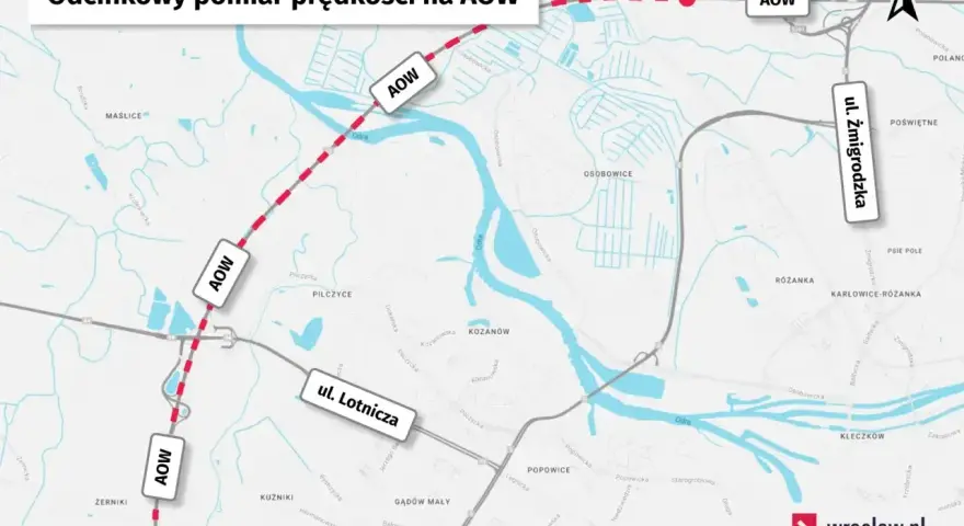 Mapa odcinkowy pomiar prędkości na AOW we Wrocławiu, zaznaczone odcinki i lokalizacje kamer.