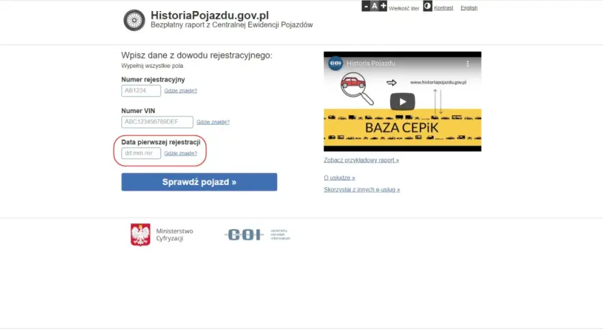 Pole "Data pierwszej rejestracji" w dowodzie pojazdu. Wpisz datę w formacie dd.mm.rrrr.