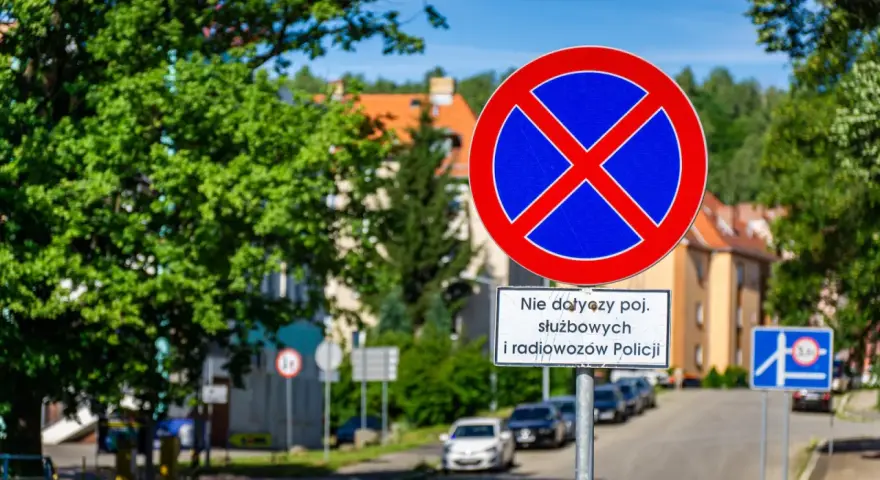 Znak zakaz postoju z tabliczką "Nie dotyczy poj. służbowych i radiowozów Policji" na tle zieleni i zabudowań.