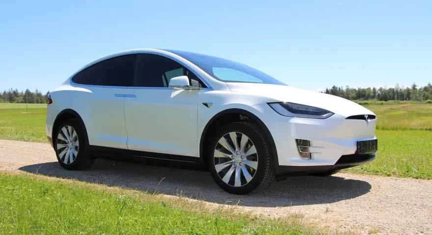 Biała Tesla Model X na tle łąki i lasu. Zastanawiasz się, ile kosztuje najtańsza Tesla?